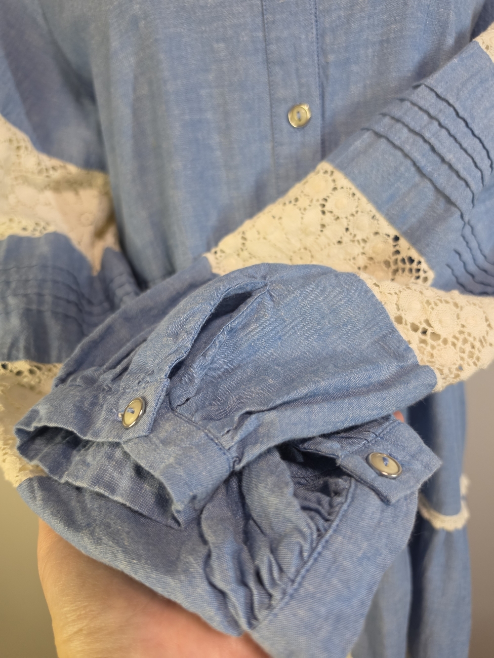 Johnny Was Jade Laguna Pieced Chambray Lace Tiered Mini Dress Large - Picture 3 of 6